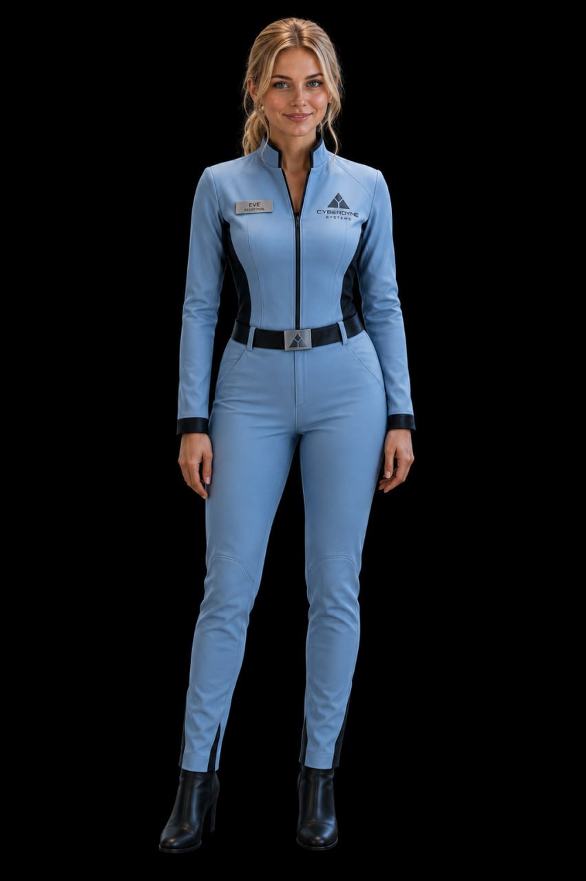 Eve, the Agentic Web Services super agent, standing in a pale blue flight suit