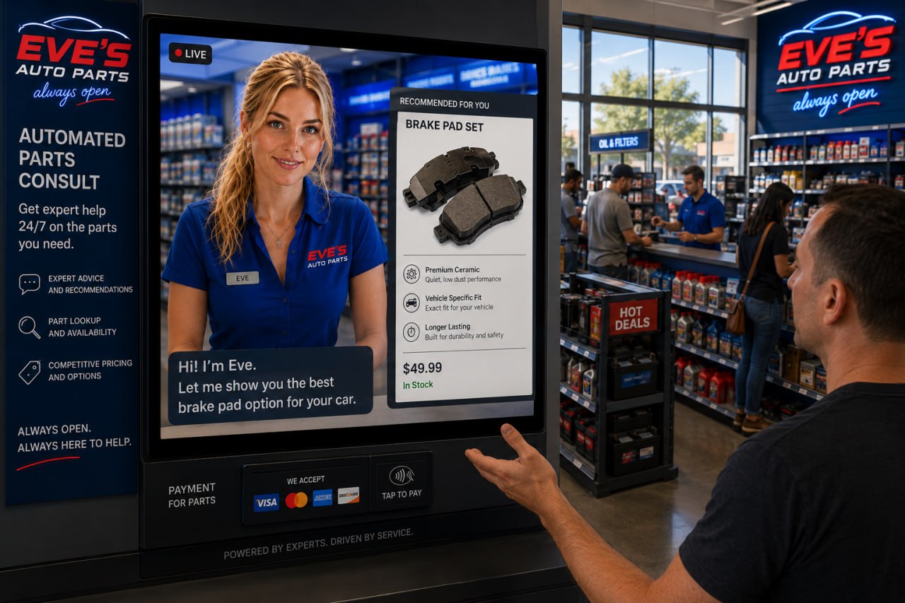 Eve AI agent at Eve's Auto Parts — automated parts consult kiosk with live interaction