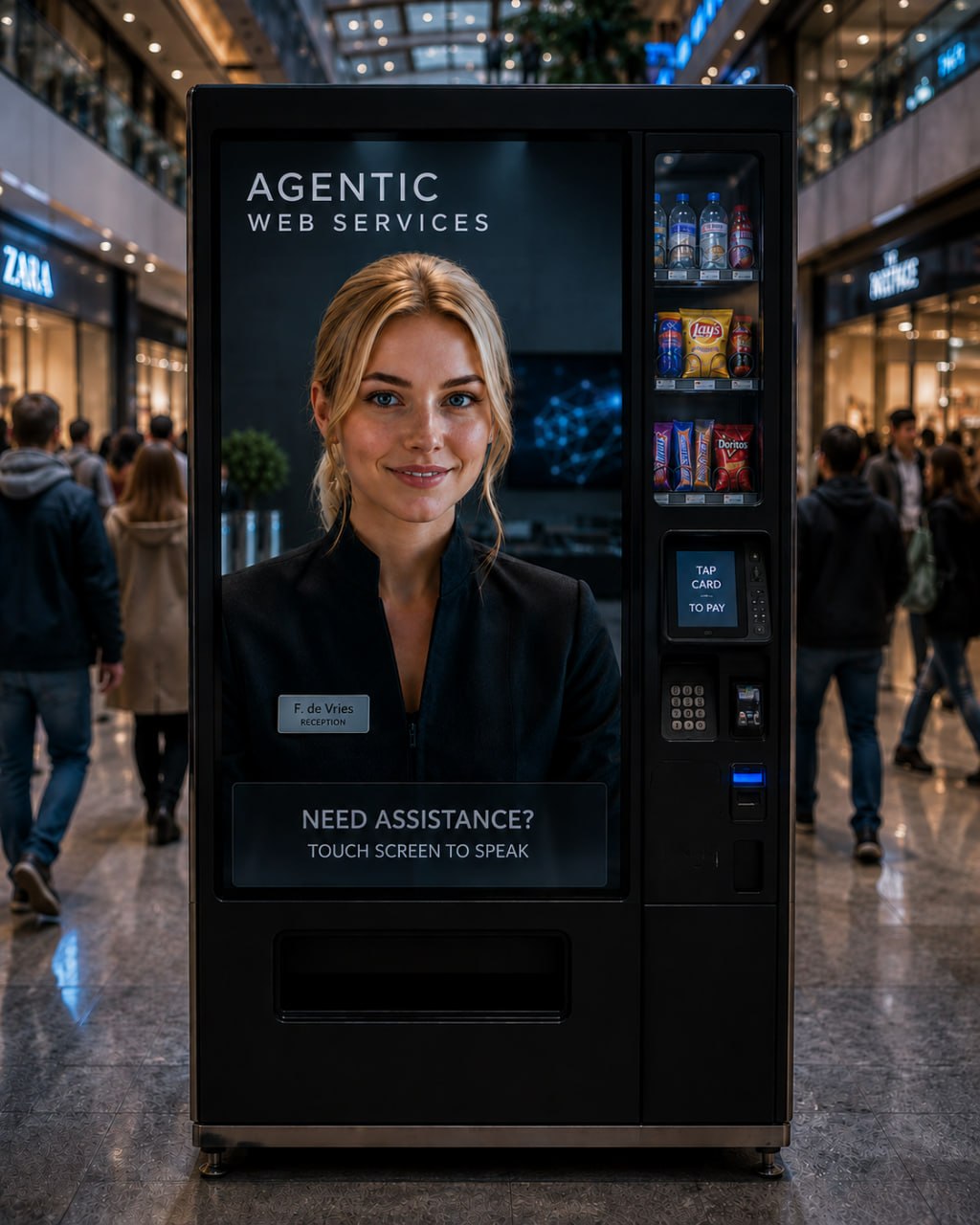 Eve AI agent deployed on a lobby kiosk at Gold Tower Residences — live face, concierge services, touch to start